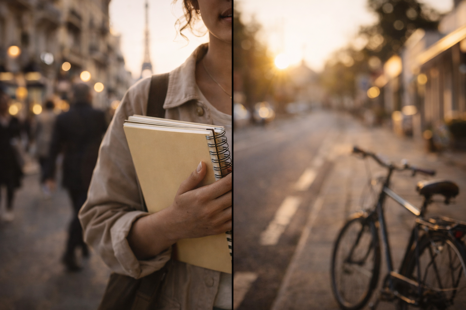 Visual contrast of busy city energy and calm regional focus around one student.