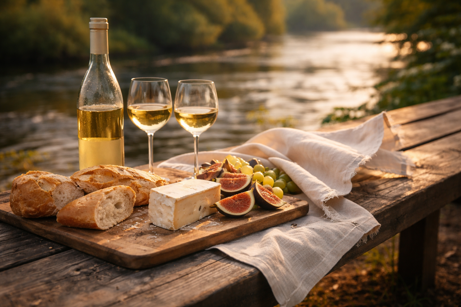 A simple riverside French wine-and-cheese picnic arranged for a slow afternoon.