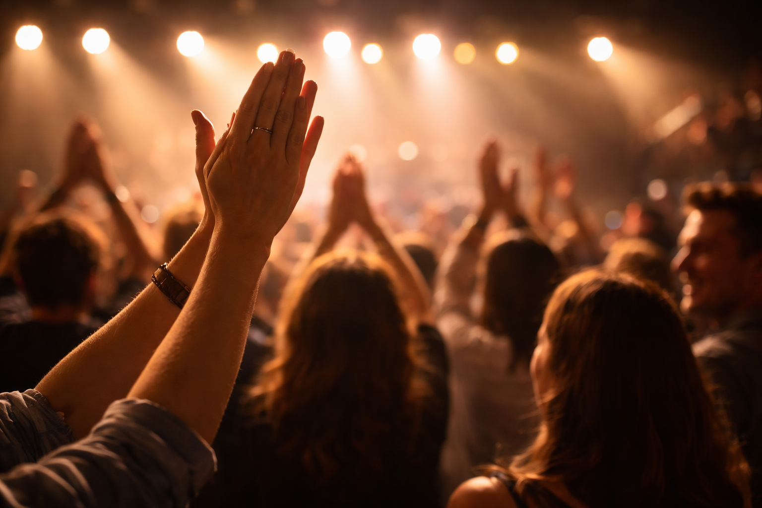Clapping hands and soft smiling faces in a lively concert crowd.