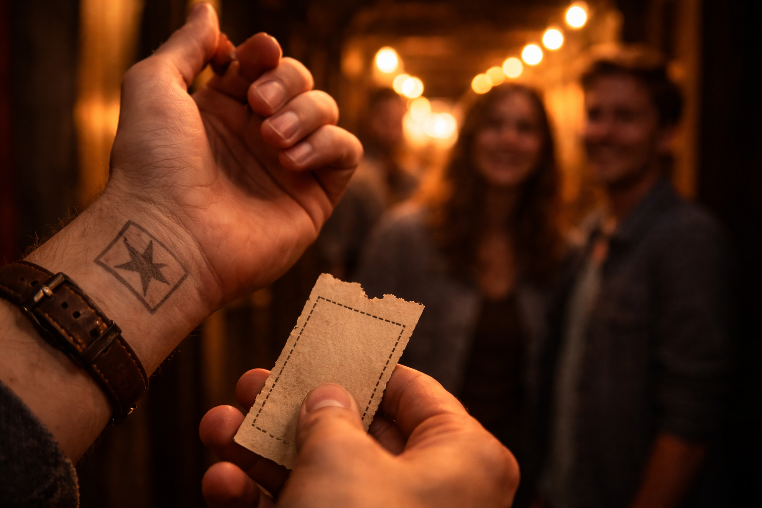Wrist stamp and ticket close-up at a concert entrance with friends blurred behind.