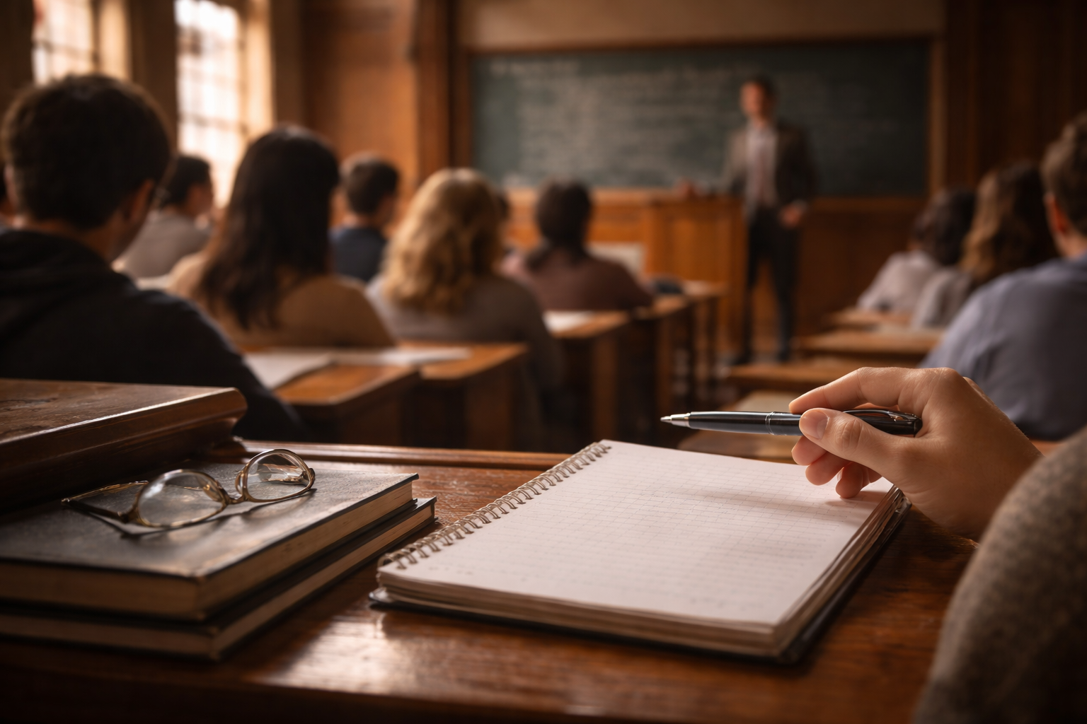 Close-up of a lecture hall desk with a notebook and a focused class behind.