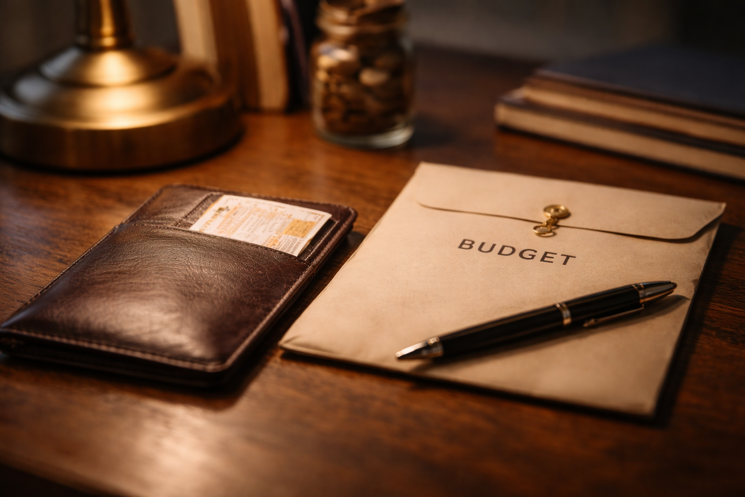 Close-up of study-travel logistics items arranged neatly under warm light.