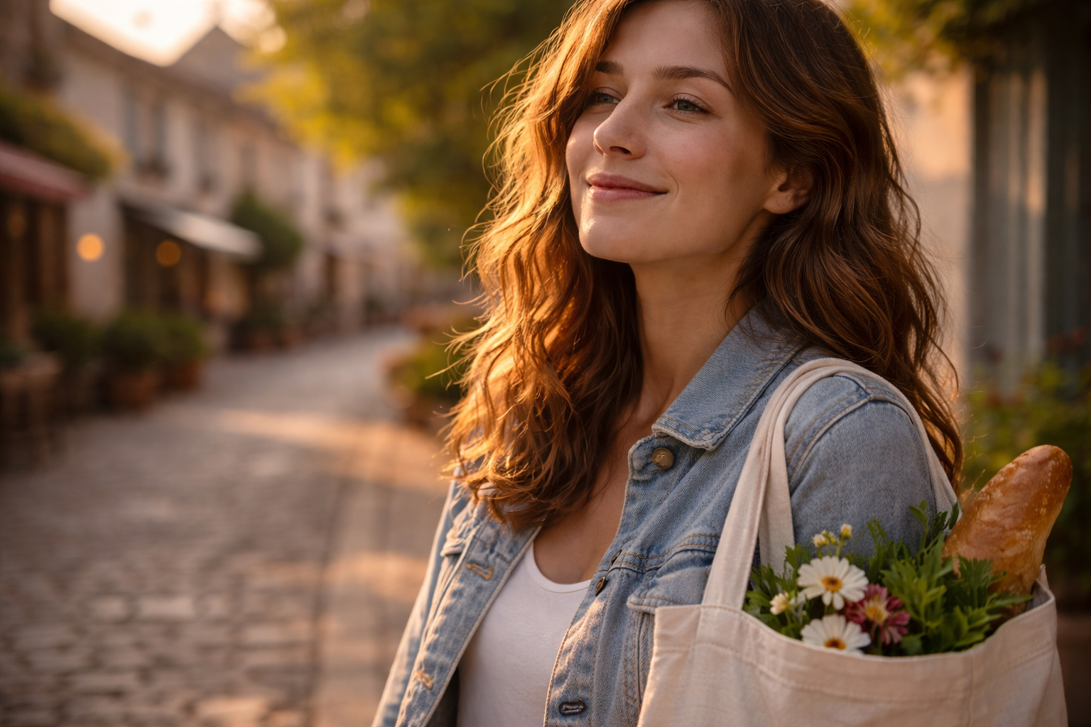 Sustainable Travel in France: Calm close-up on a quiet French street with a market tote, golden light.