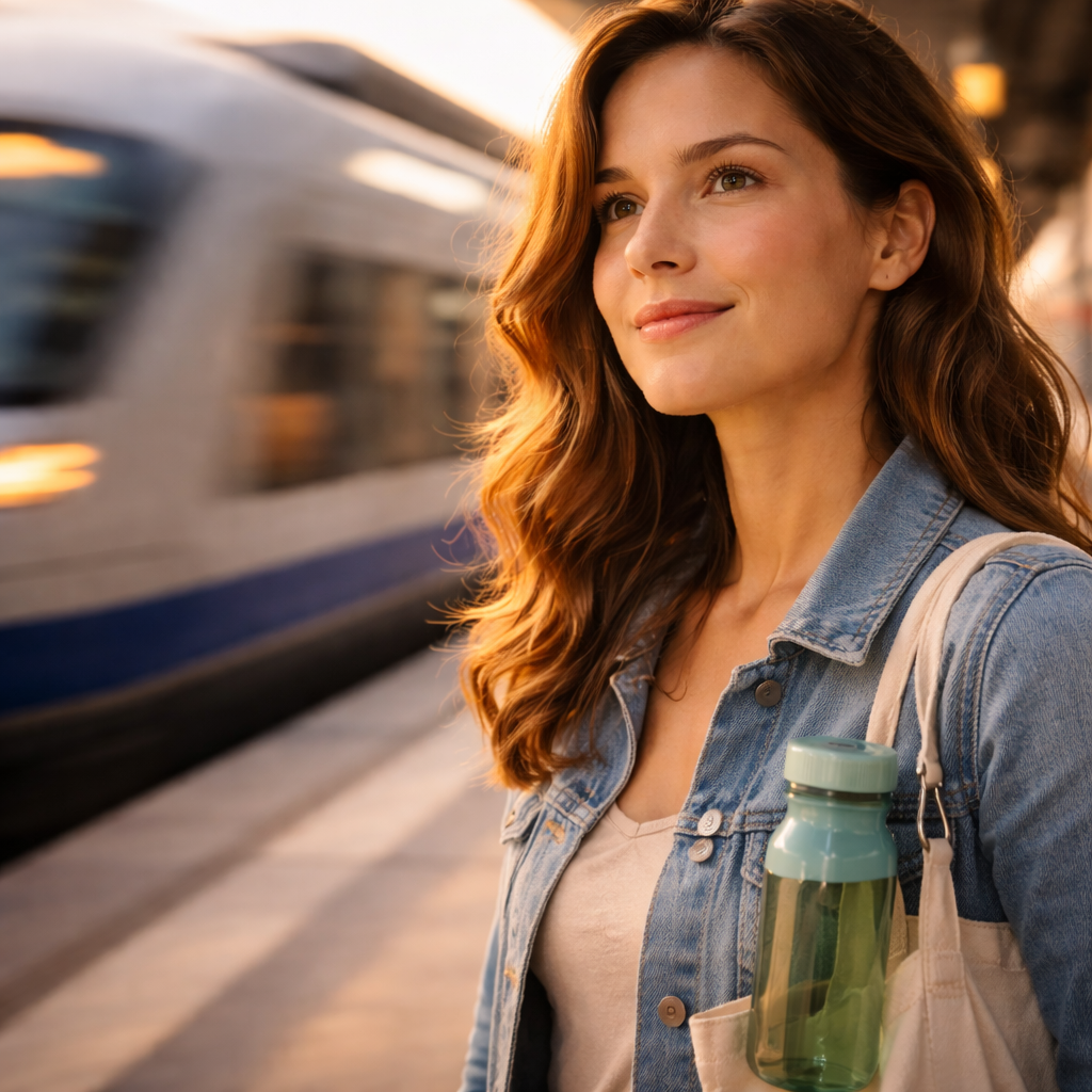 Close-up of a traveler at a train station with a reusable bottle and a train blurred behind.