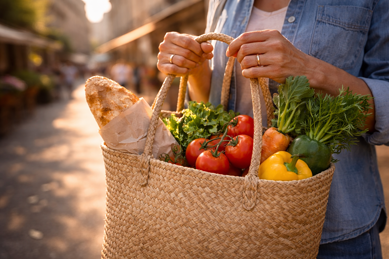 Sustainable Travel in France: Market tote with seasonal produce and a baguette in warm sunlight.
