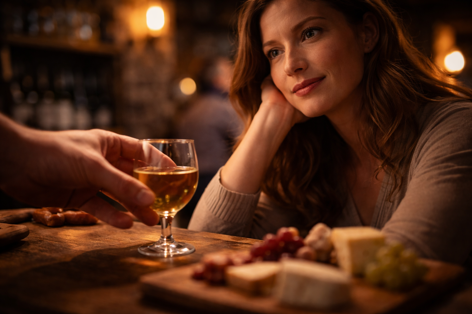 Relaxed face at a wine bar, focused on enjoying rather than performing expertise.