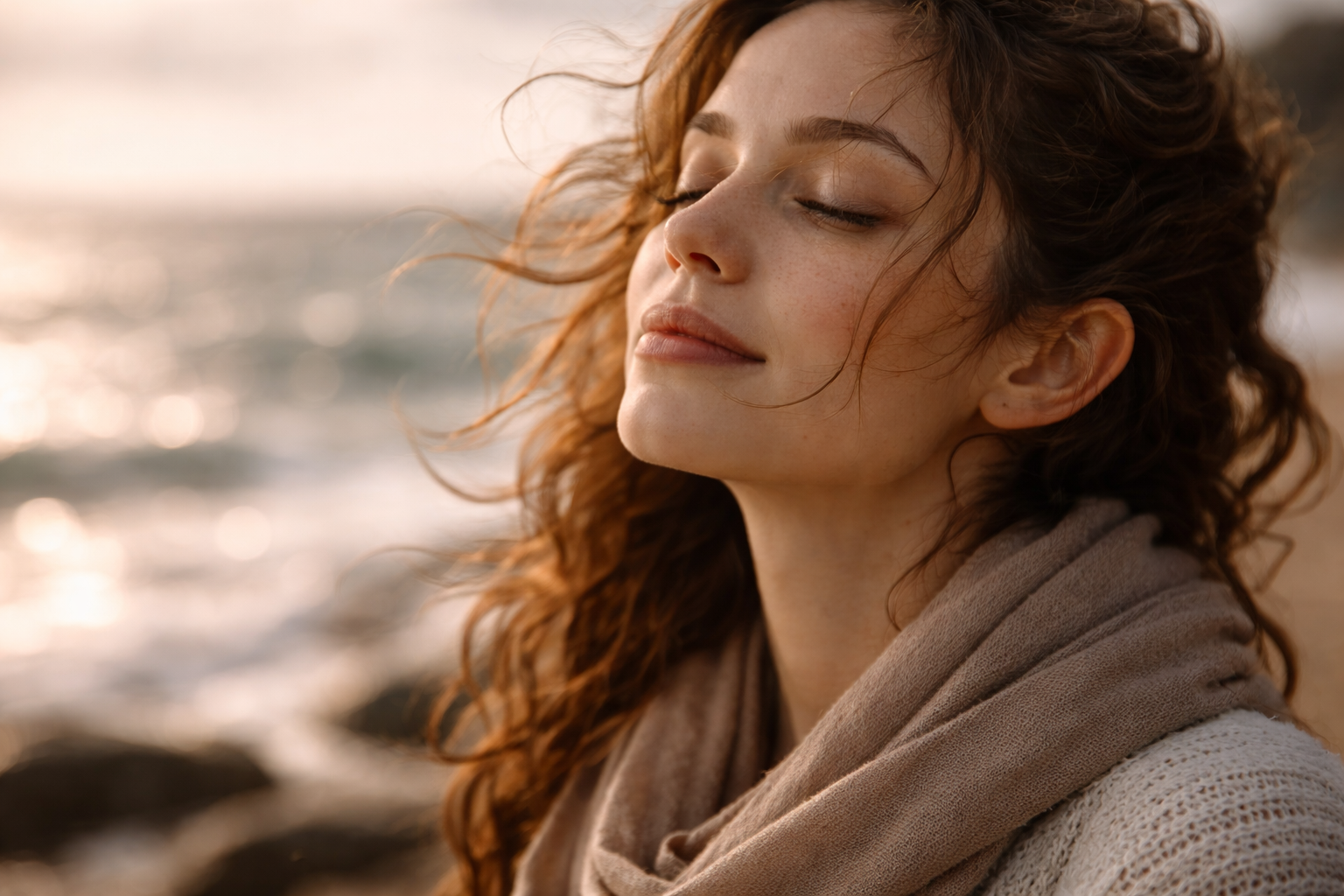 Spa and Wellness Retreats in France: Close-up of a person breathing coastal air with ocean blur behind.