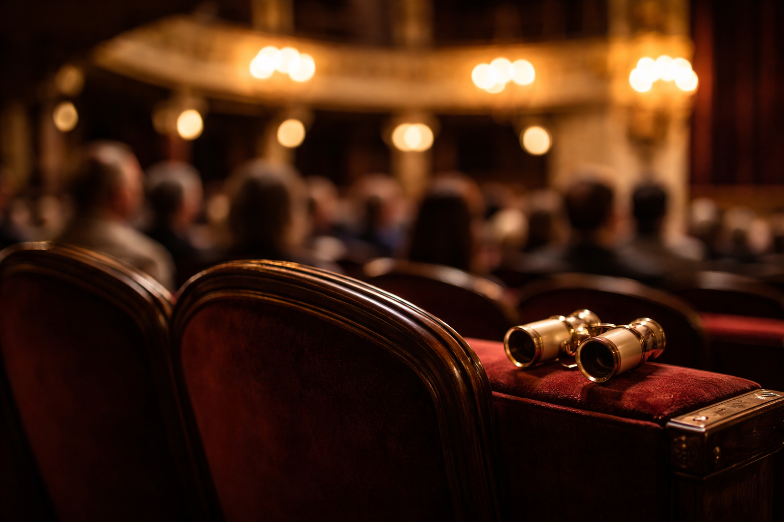Velvet theatre seats and opera glasses before a performance in France.