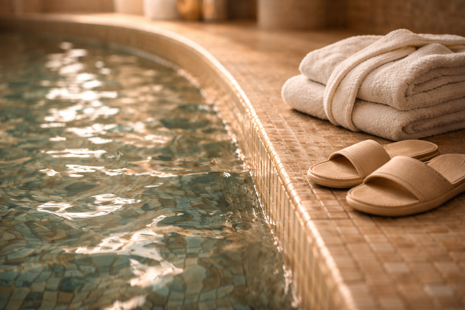 Close-up of mineral water ripples by a hydrotherapy pool edge.
