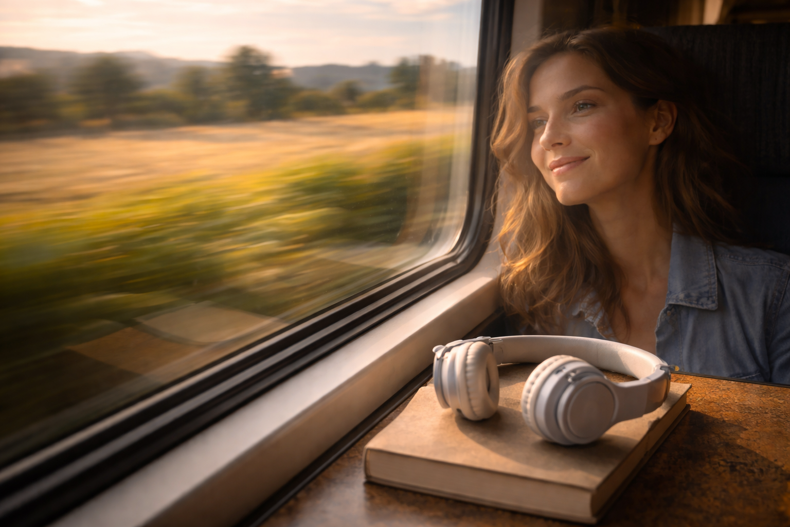 Soft face reflection in a train window with French landscape blur outside.