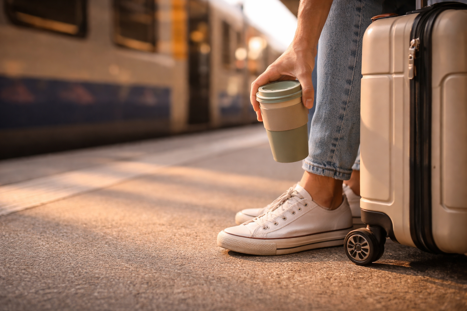 Train platform close-up with reusable cup and suitcase details.