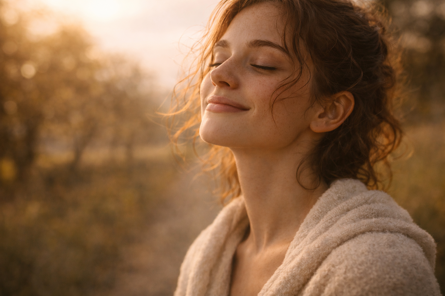 Close-up of a rested face in warm light during a slow countryside walk.