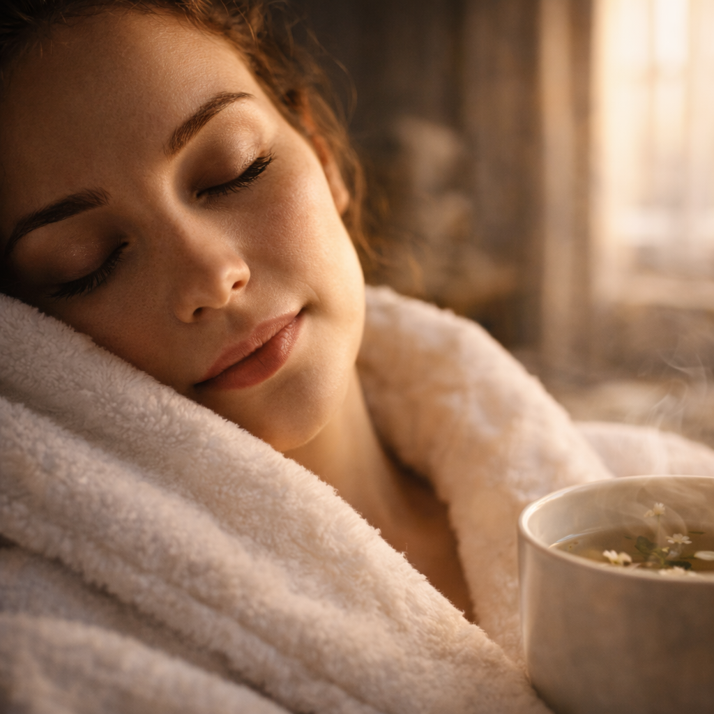 Close-up of a relaxed face in warm light with herbal tea steam nearby.