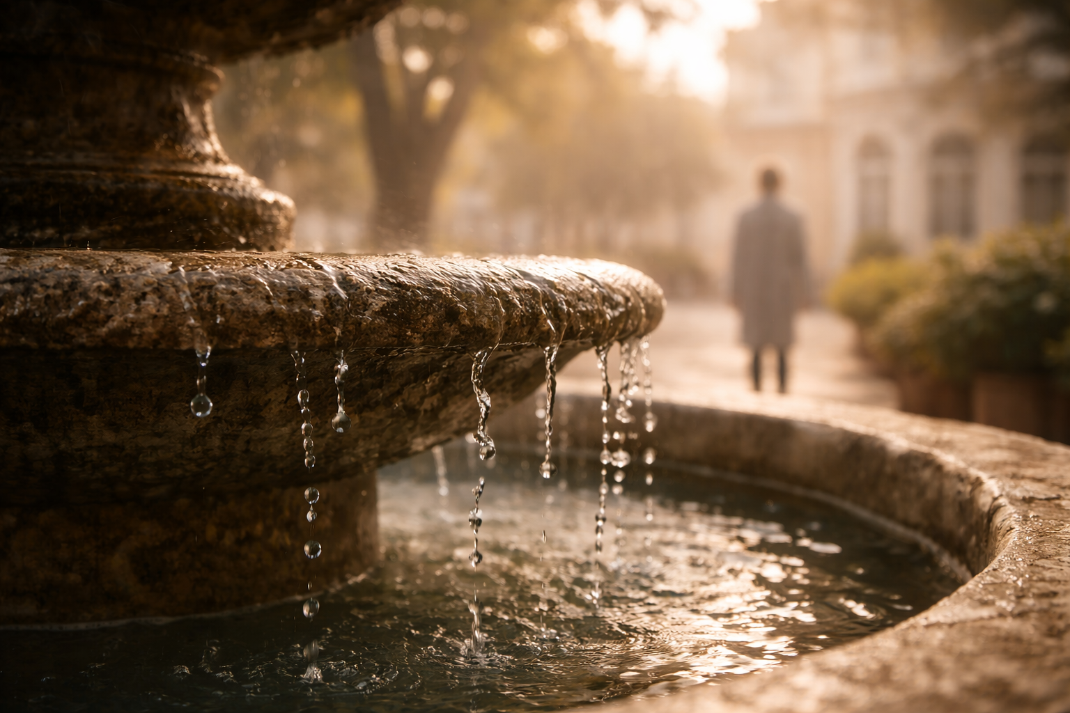 Close-up of mineral water droplets on a stone fountain in soft morning light.