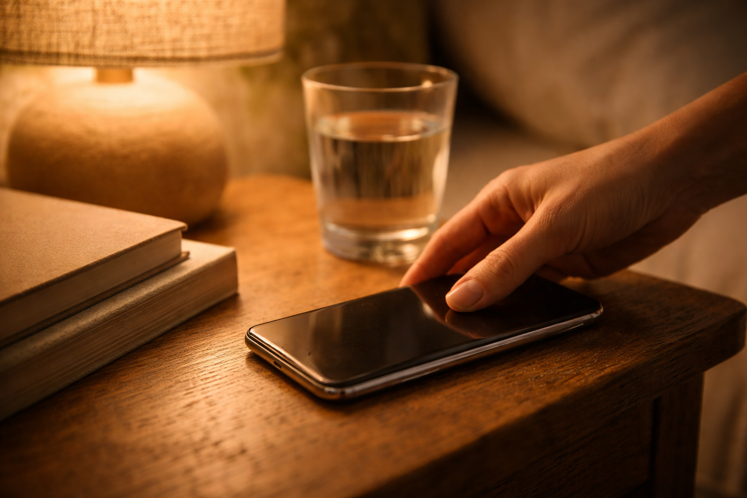 Close-up of a phone placed face-down beside a book and water glass.