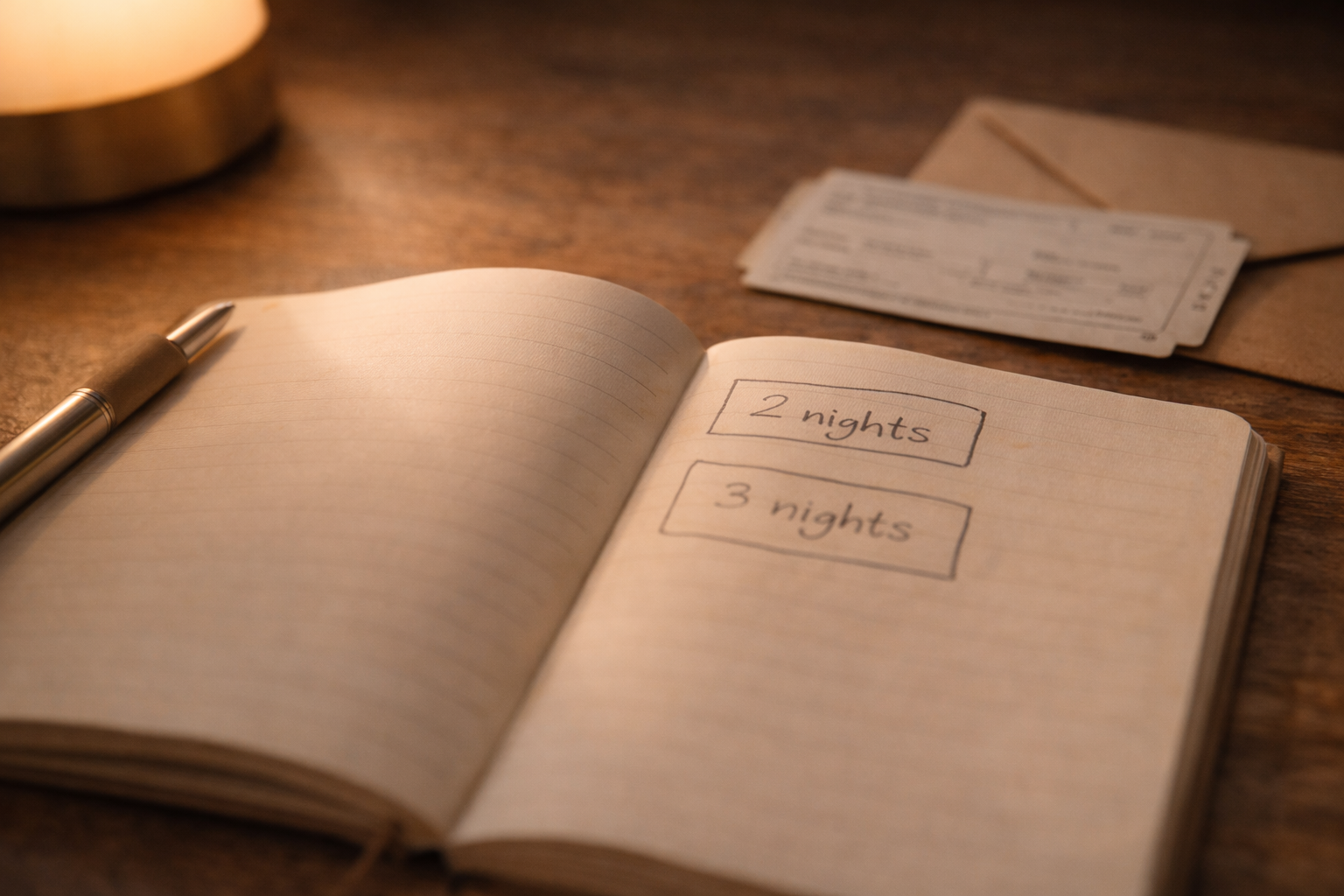 Close-up of planning notes and travel items focusing on stay duration.