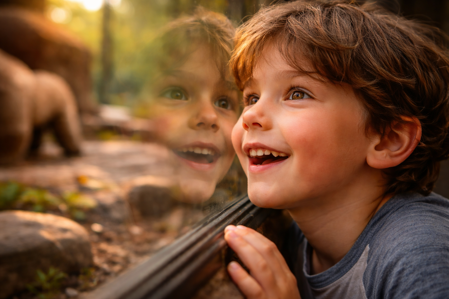 Child’s delighted close-up at a zoo exhibit.