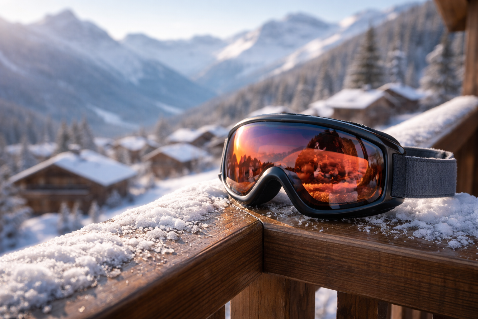 Ski goggles on a wooden balcony rail with snowy Alps behind.