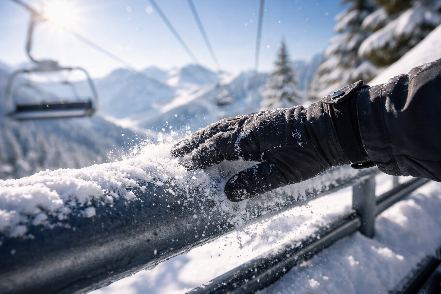 Snow brushed from a ski lift bar in bright alpine light.