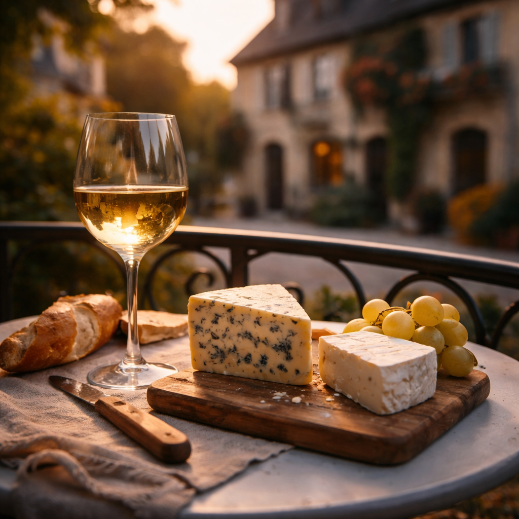 Wine glass and cheese board on a warm French terrace in late-afternoon light.