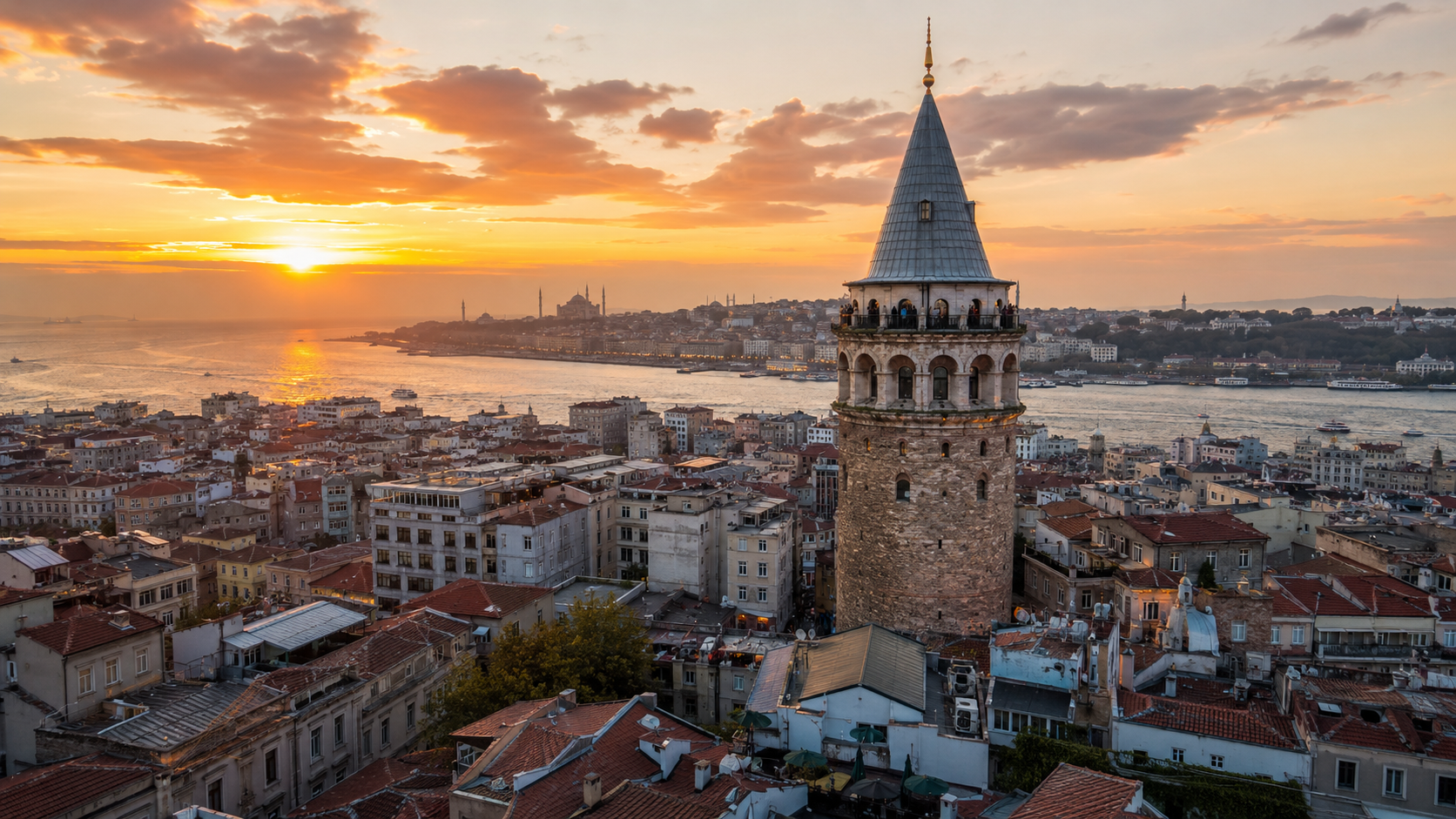 Galata Tower above Istanbul rooftops at sunset with the Bosphorus in the distance