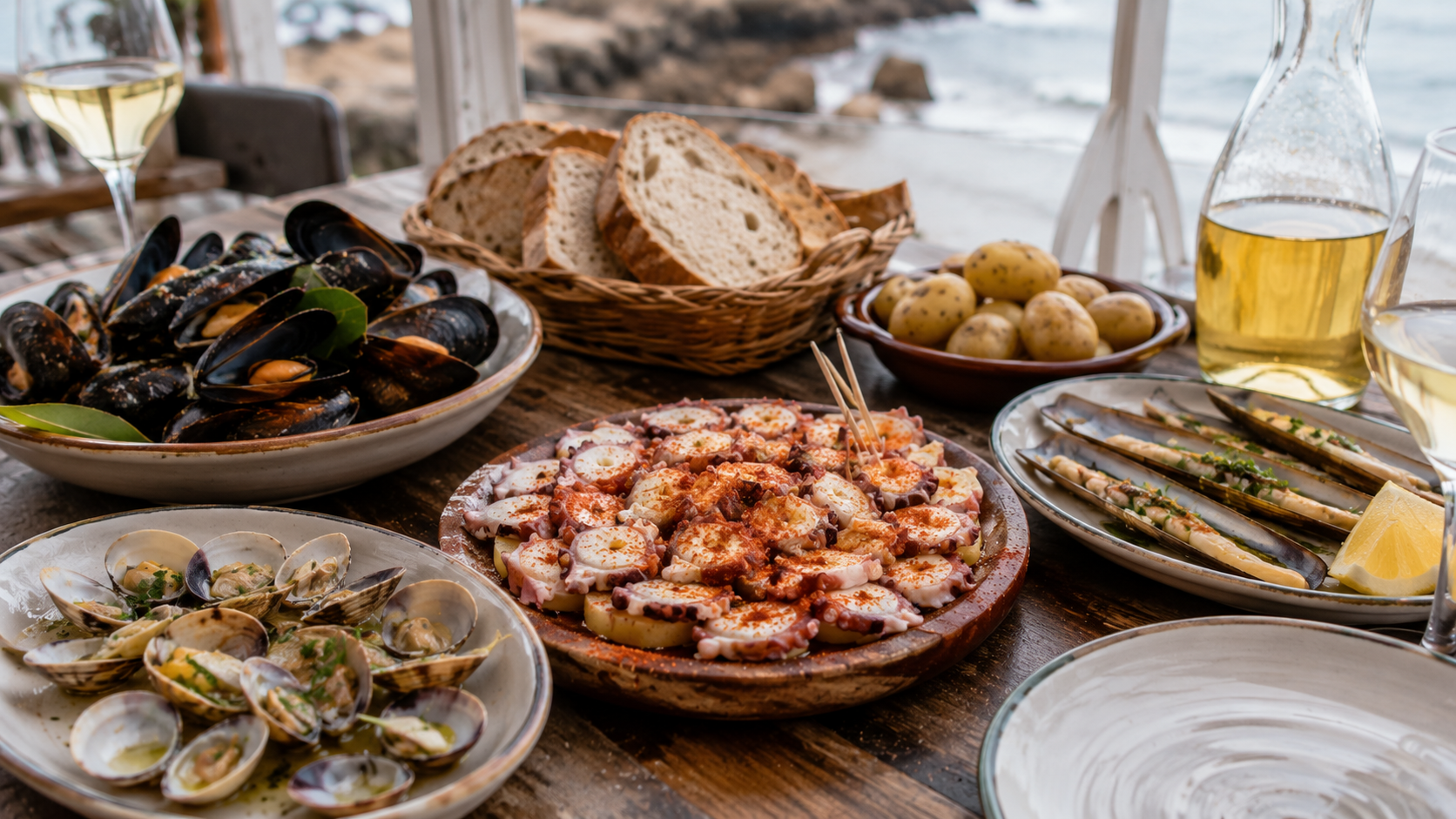 Galician seafood table with octopus, mussels, clams, potatoes, bread, and wine.