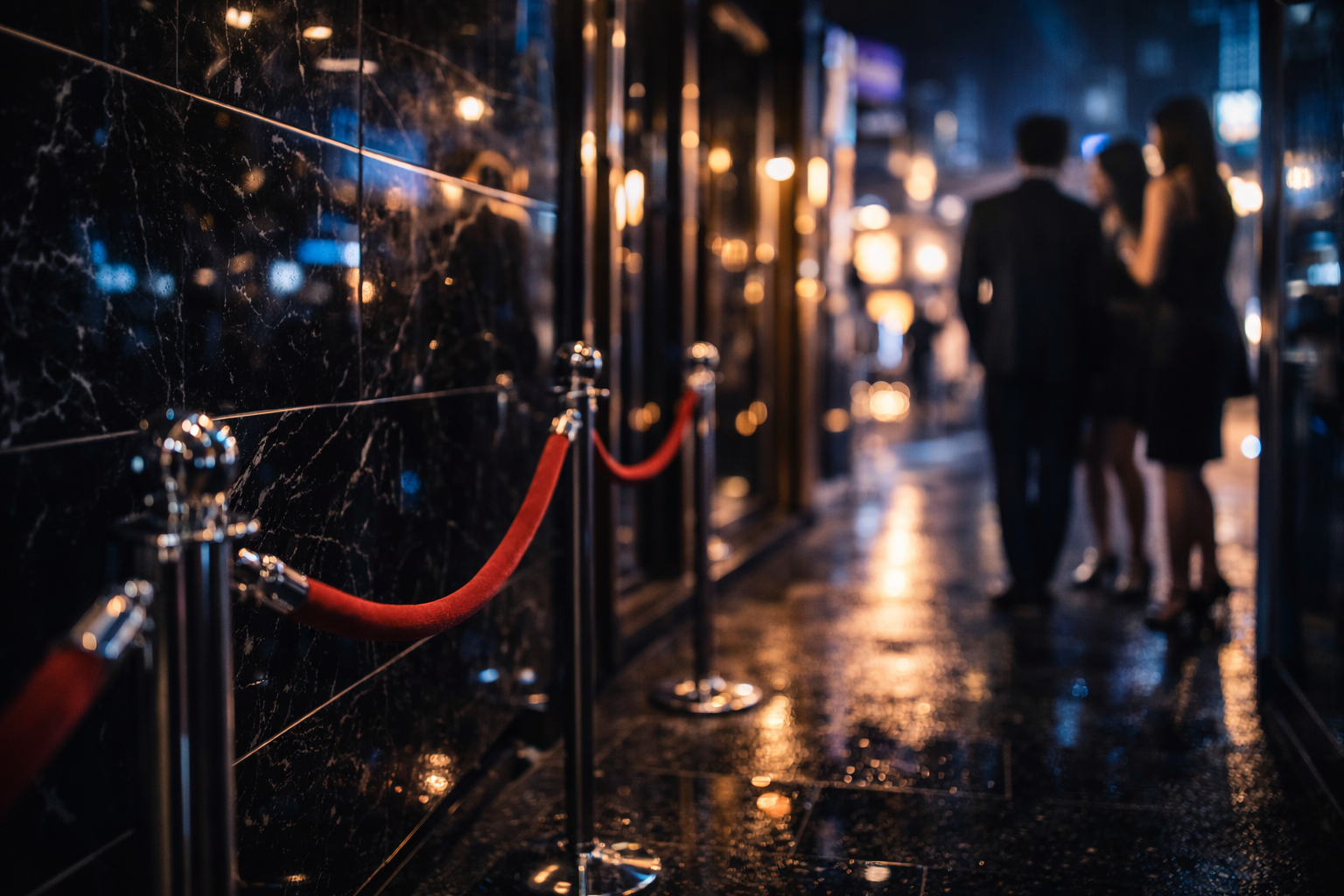 Glossy Gangnam nightlife entrance with chrome reflections.