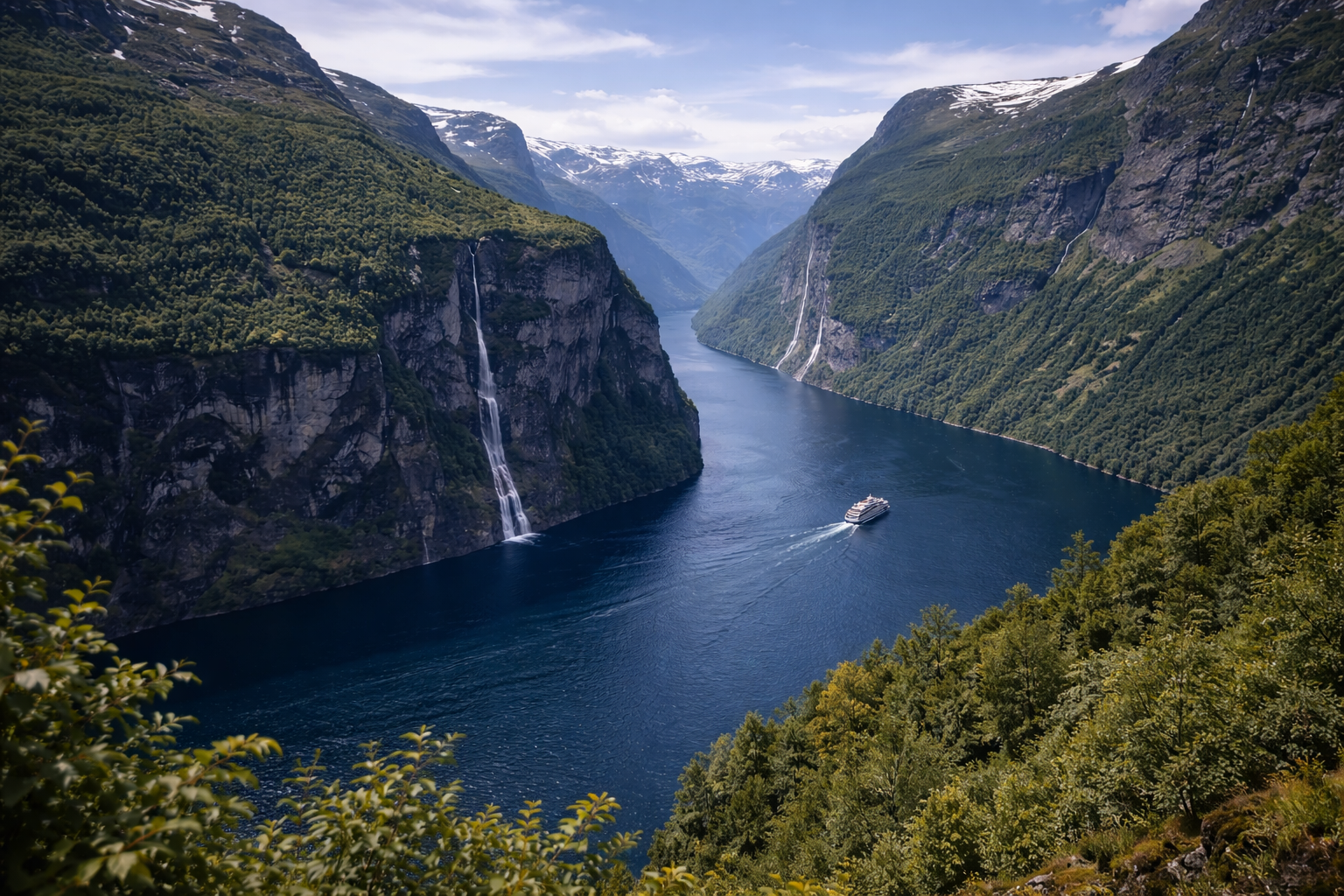 Geirangerfjord landscape with deep blue water, cliffs, and high waterfalls.