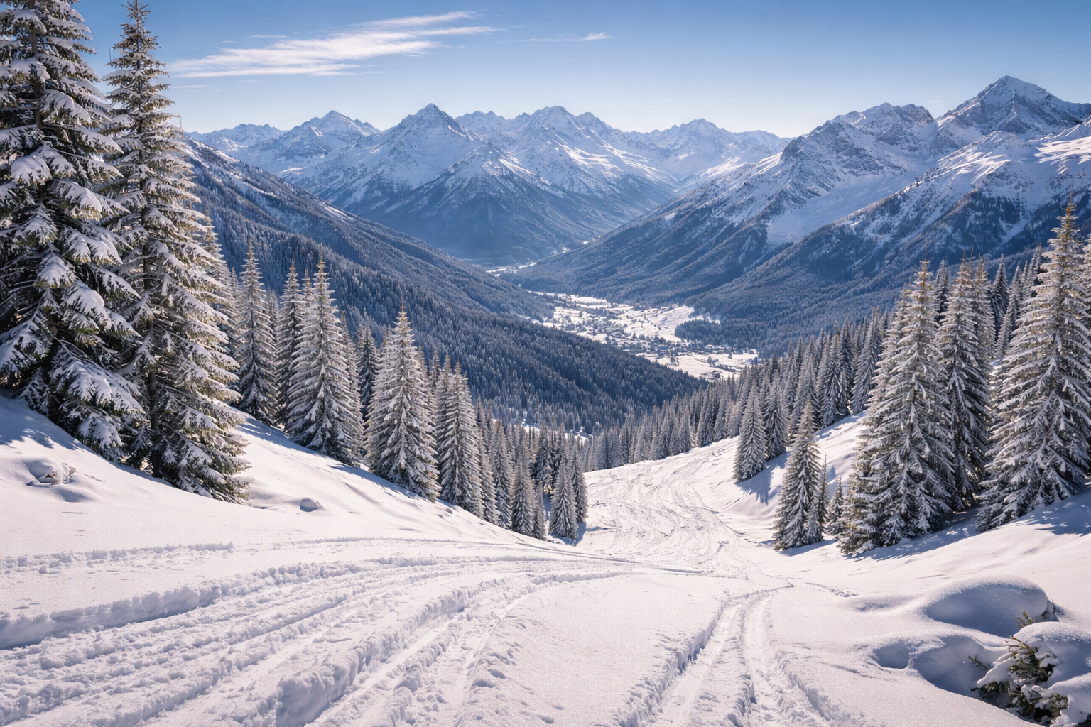 Wide snowy Bavarian Alps landscape with ski tracks and crisp winter light.