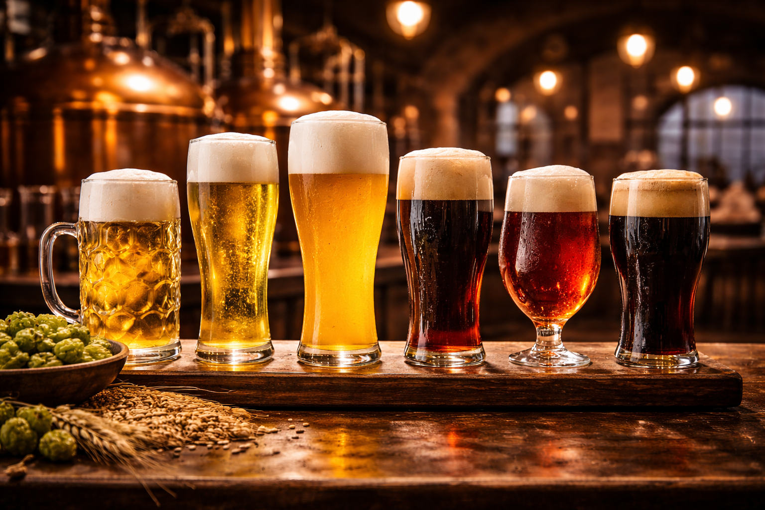 Different German beer styles shown through glass shape, color, and foam.