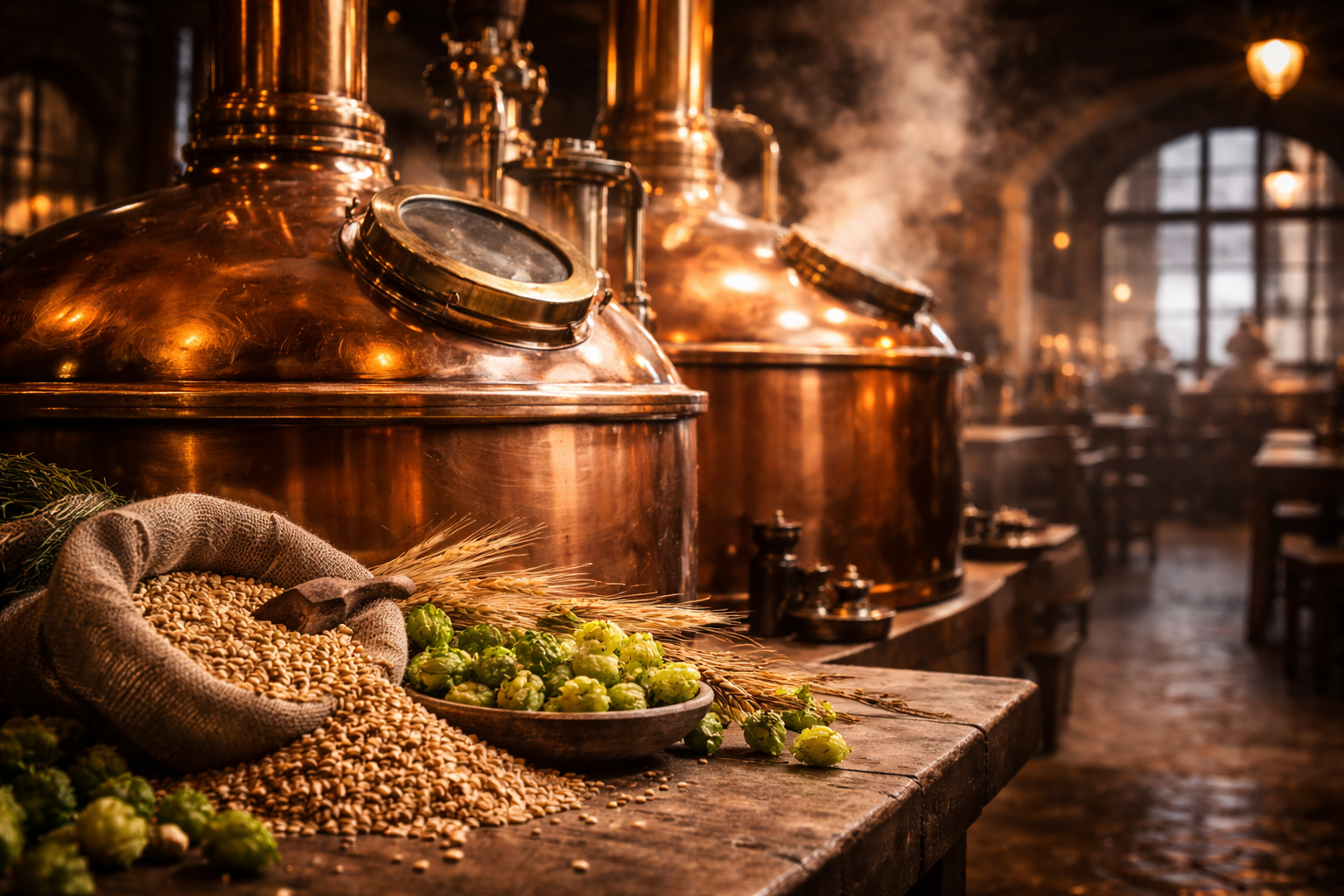 Copper kettles, barley, and hops in a warm German brewery setting.