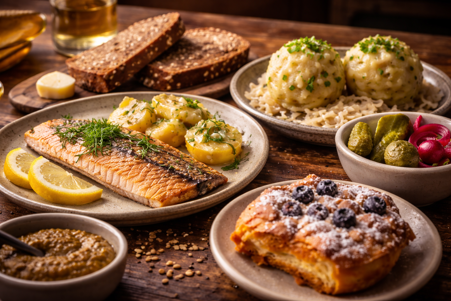German Food Guide: Contrasting textures on a German regional table showing culinary diversity.