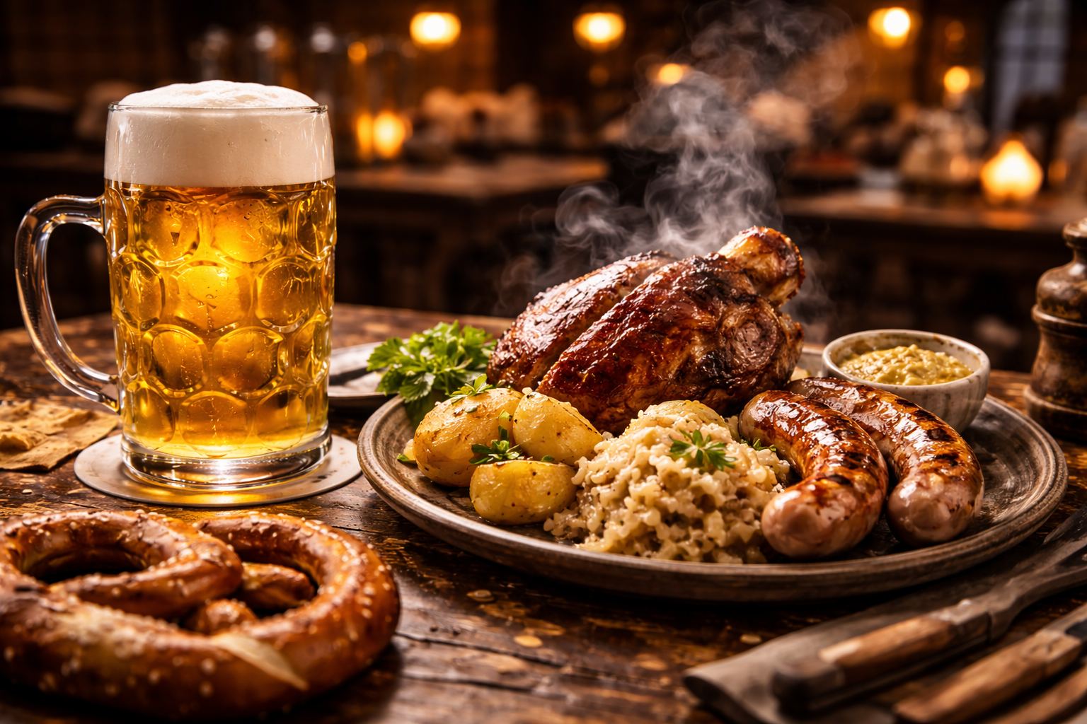 German beer paired with pretzel, sausage, and hearty tavern food.