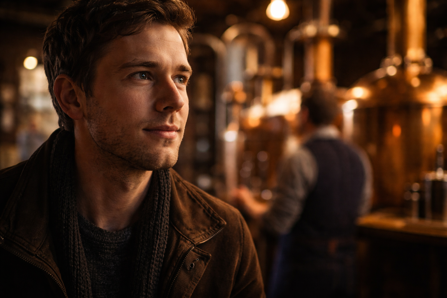 Germany Beer Tours: Traveler listening during a German brewery visit with copper tanks blurred behind.