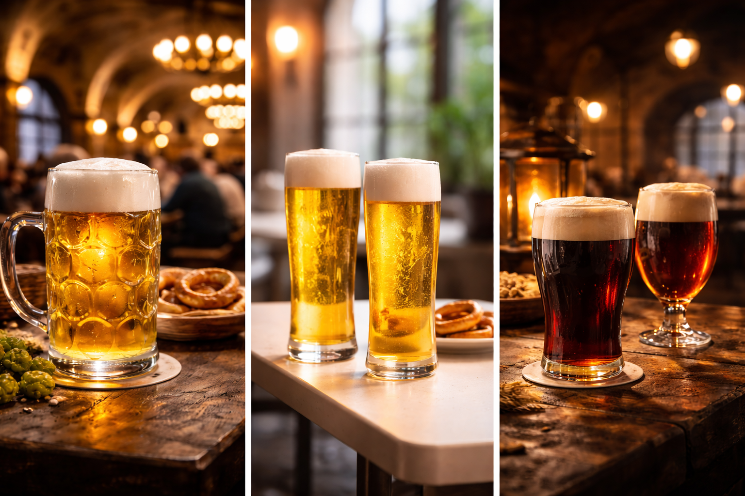 Three distinct German beer atmospheres blended into one frame to suggest regional diversity.