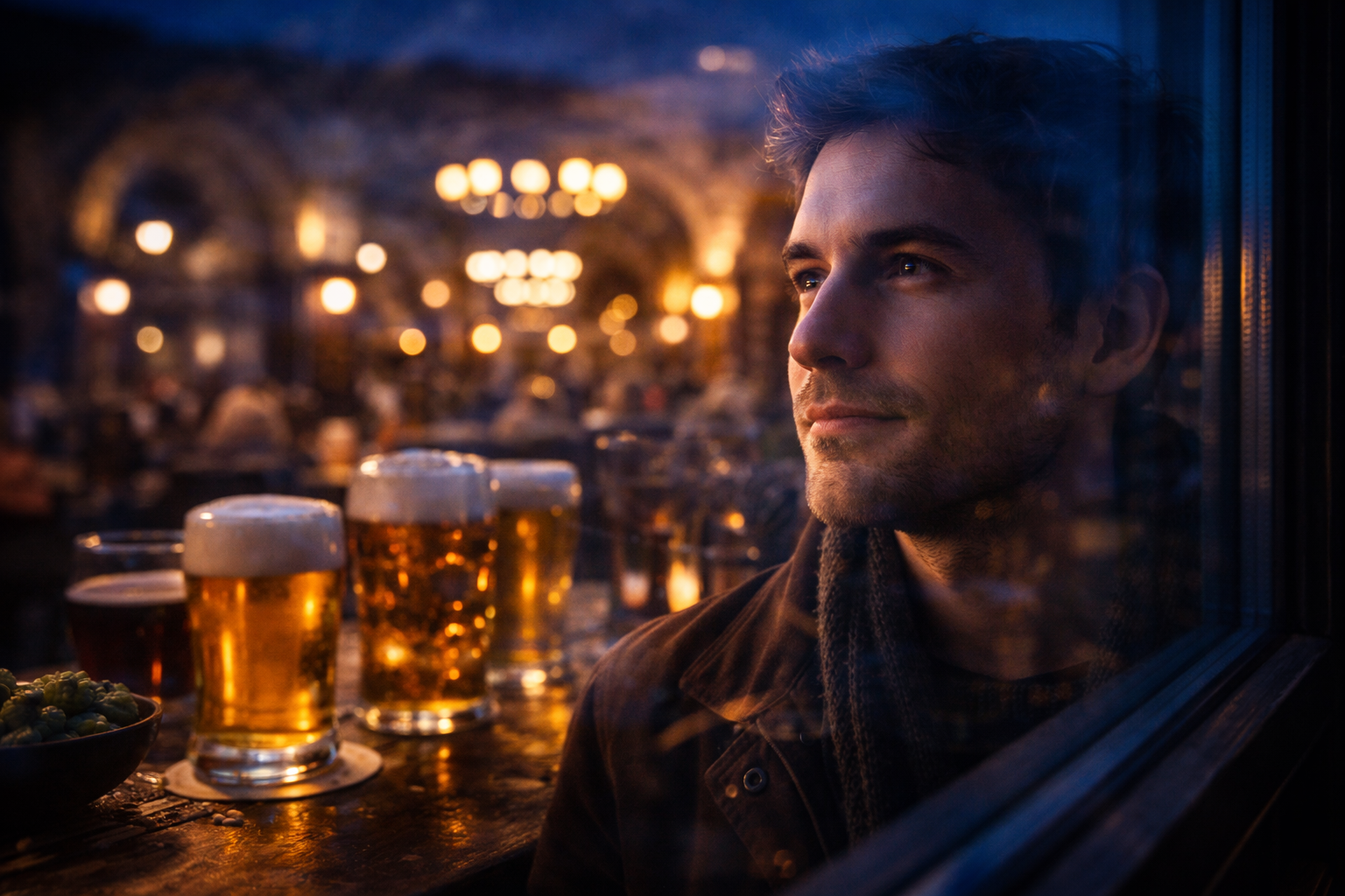Germany Beer Tours: Reflective traveler in beer hall window light after exploring Germany’s brewing culture.