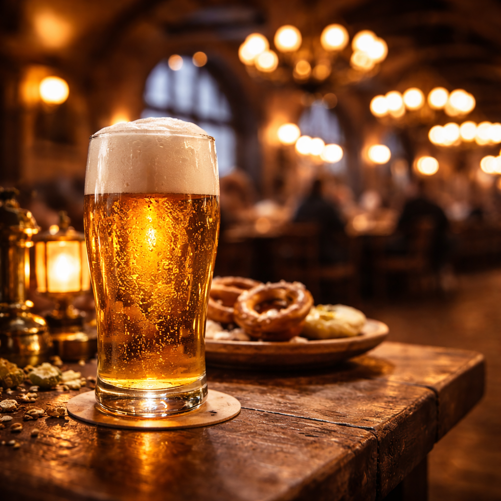 Freshly poured golden lager in a warm traditional German beer hall.