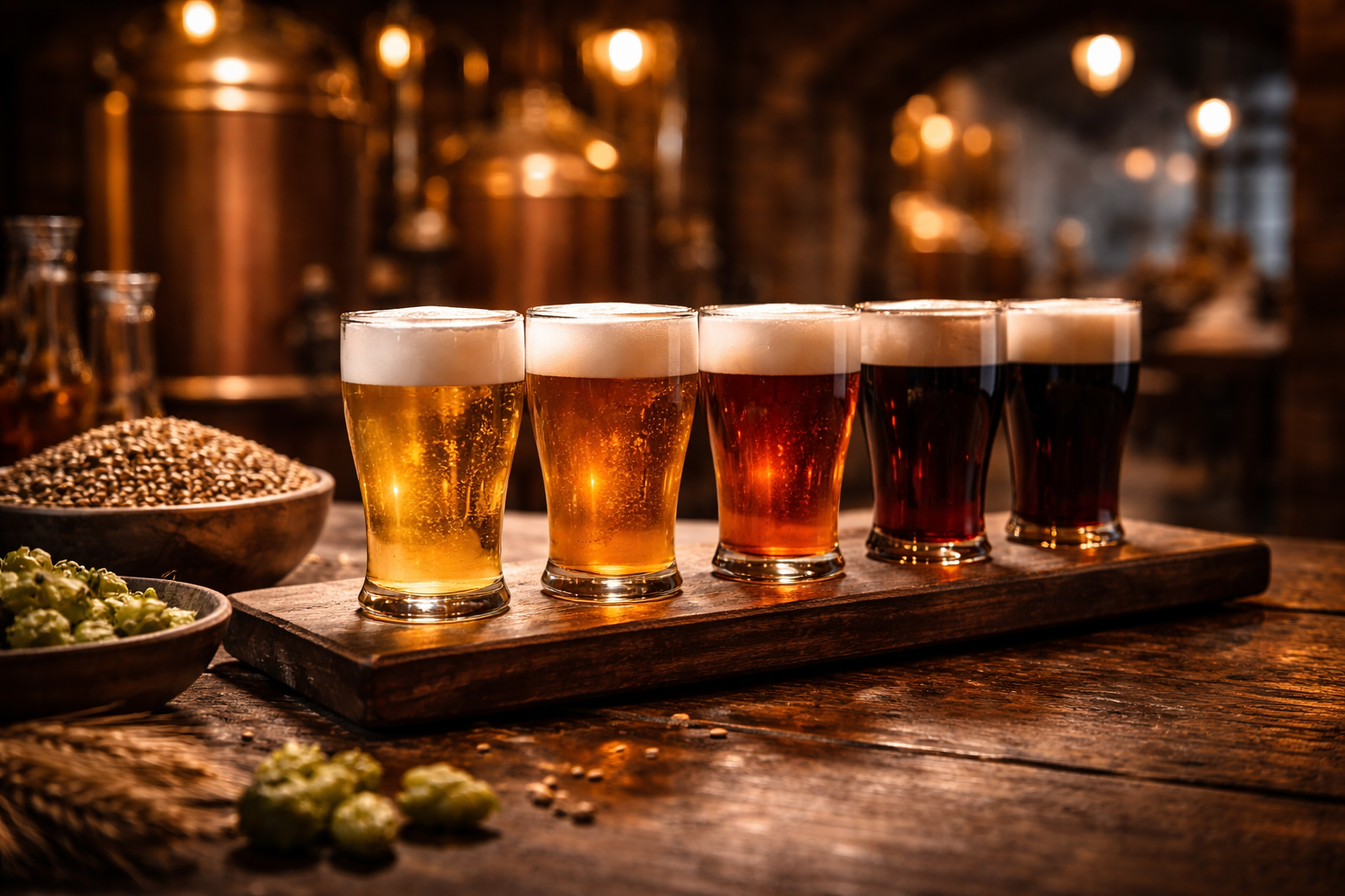 A row of different German beer styles on a tasting board in warm light.