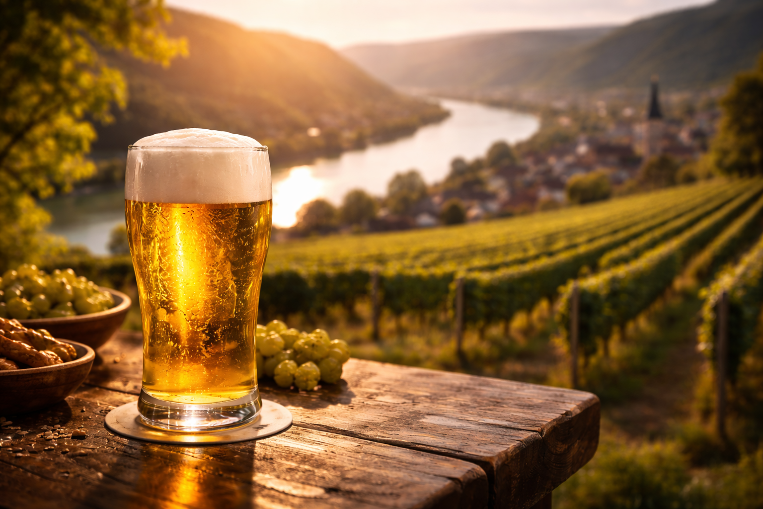 Beer in foreground with soft vineyard landscape beyond as a secondary travel note.
