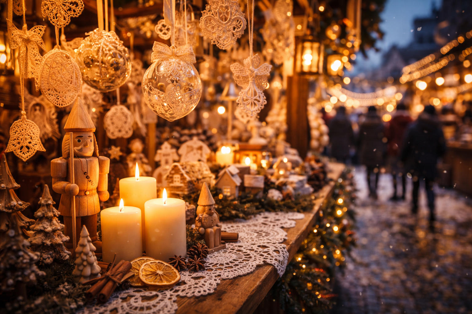 Handmade ornaments and wooden decorations at a German Christmas market stall.