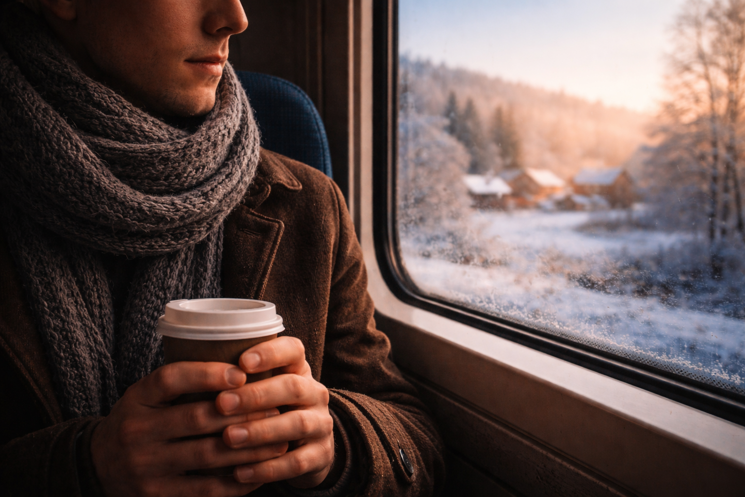 Traveler on a winter train between Germany’s Christmas market cities.