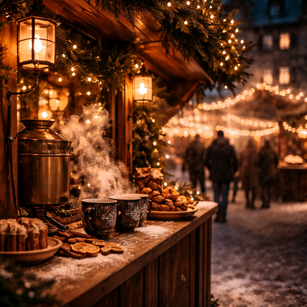 Glowing wooden Christmas market stall in Germany with warm lights and blurred festive crowd.