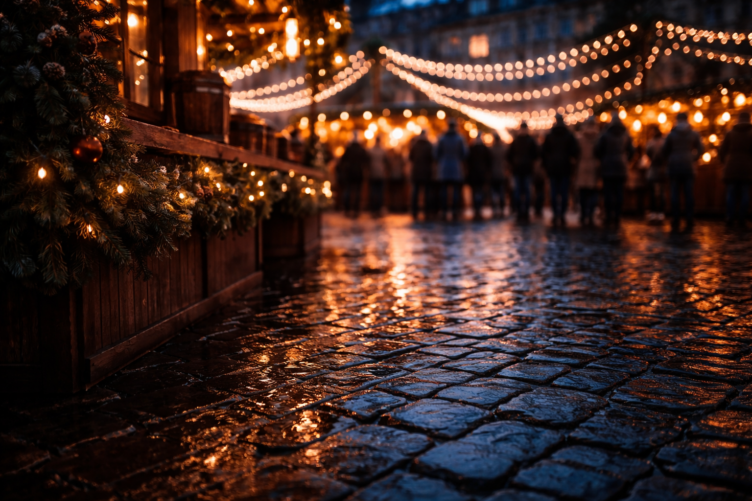 Germany Christmas Markets: Warm Christmas lights reflected on wet cobblestones at a German market.