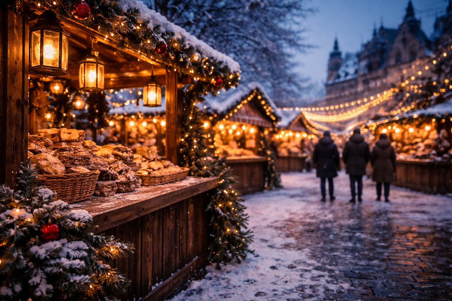 German Christmas market at blue dusk as the lights begin to glow.