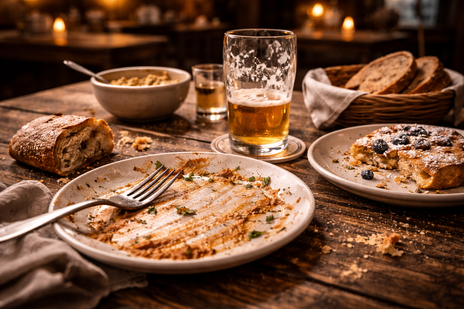 German Food Guide: End of a warm regional German meal with bread, pastry, and soft evening light.