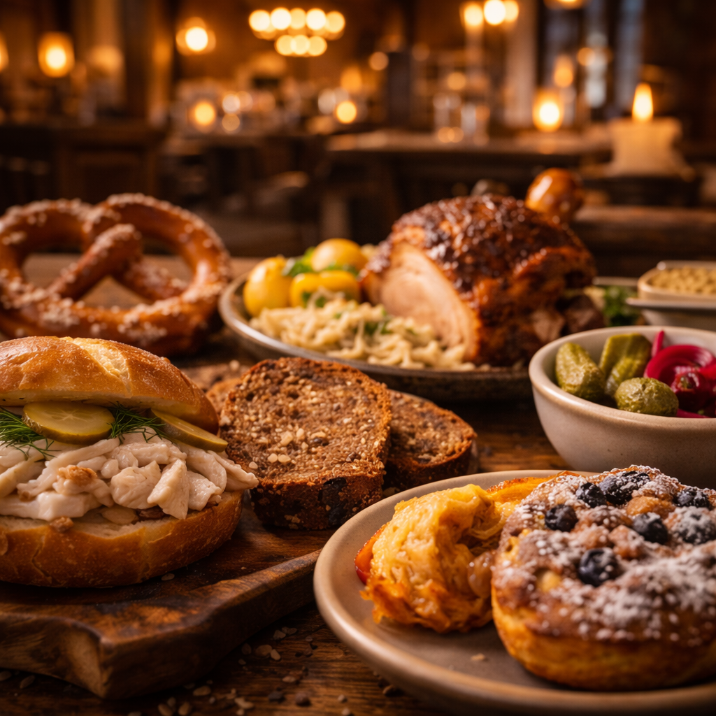 Layered German food table showing regional variety beyond sausages and beer.