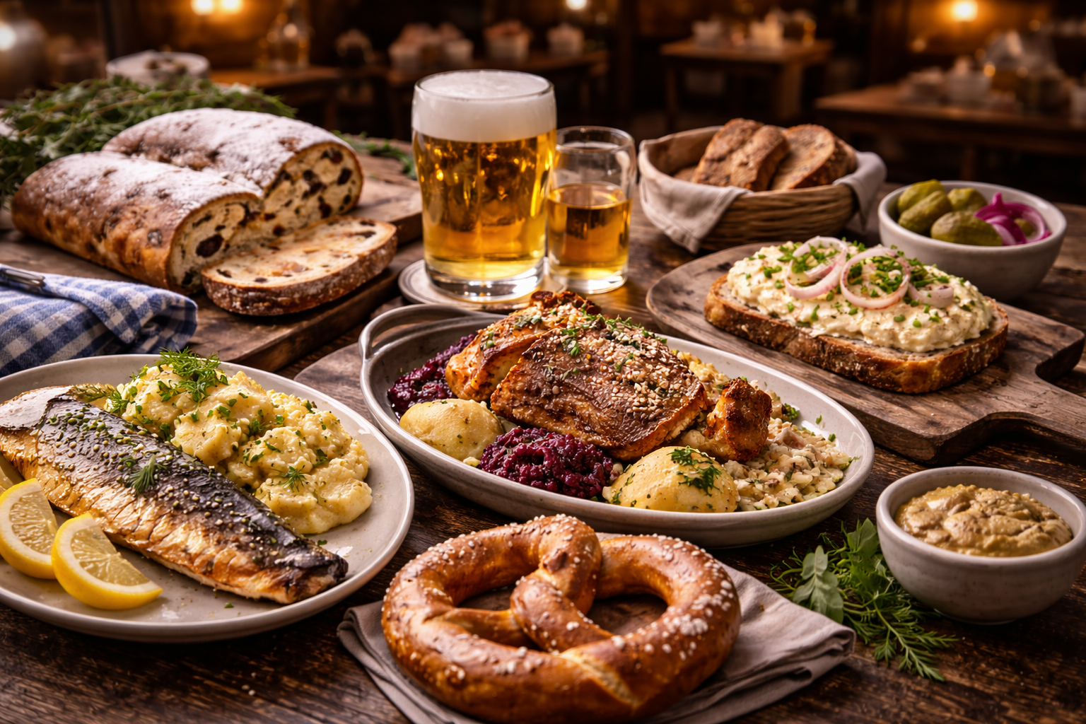 Four regional food moods blended into one frame to show Germany’s culinary diversity.