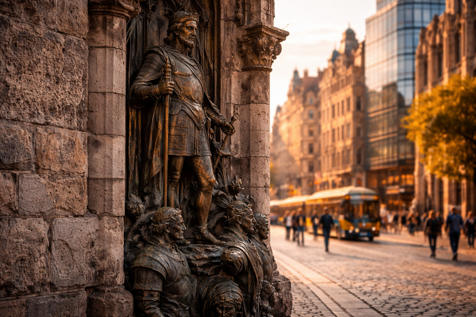 Historical landmarks in Germany: Old stone, monument detail, and modern city blur showing Germany’s layered history.
