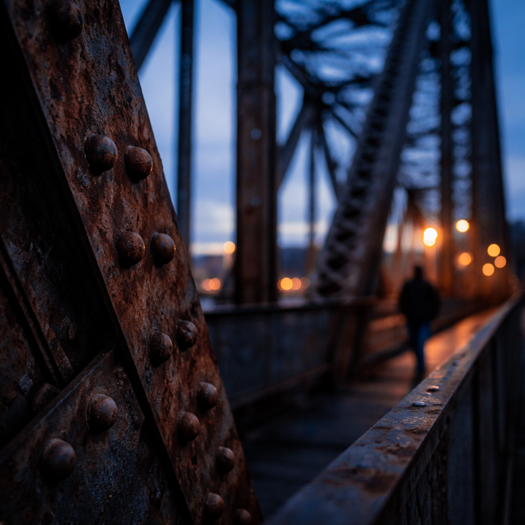 Rusted steel and rivets in focus with a vast industrial structure glowing behind at blue hour.