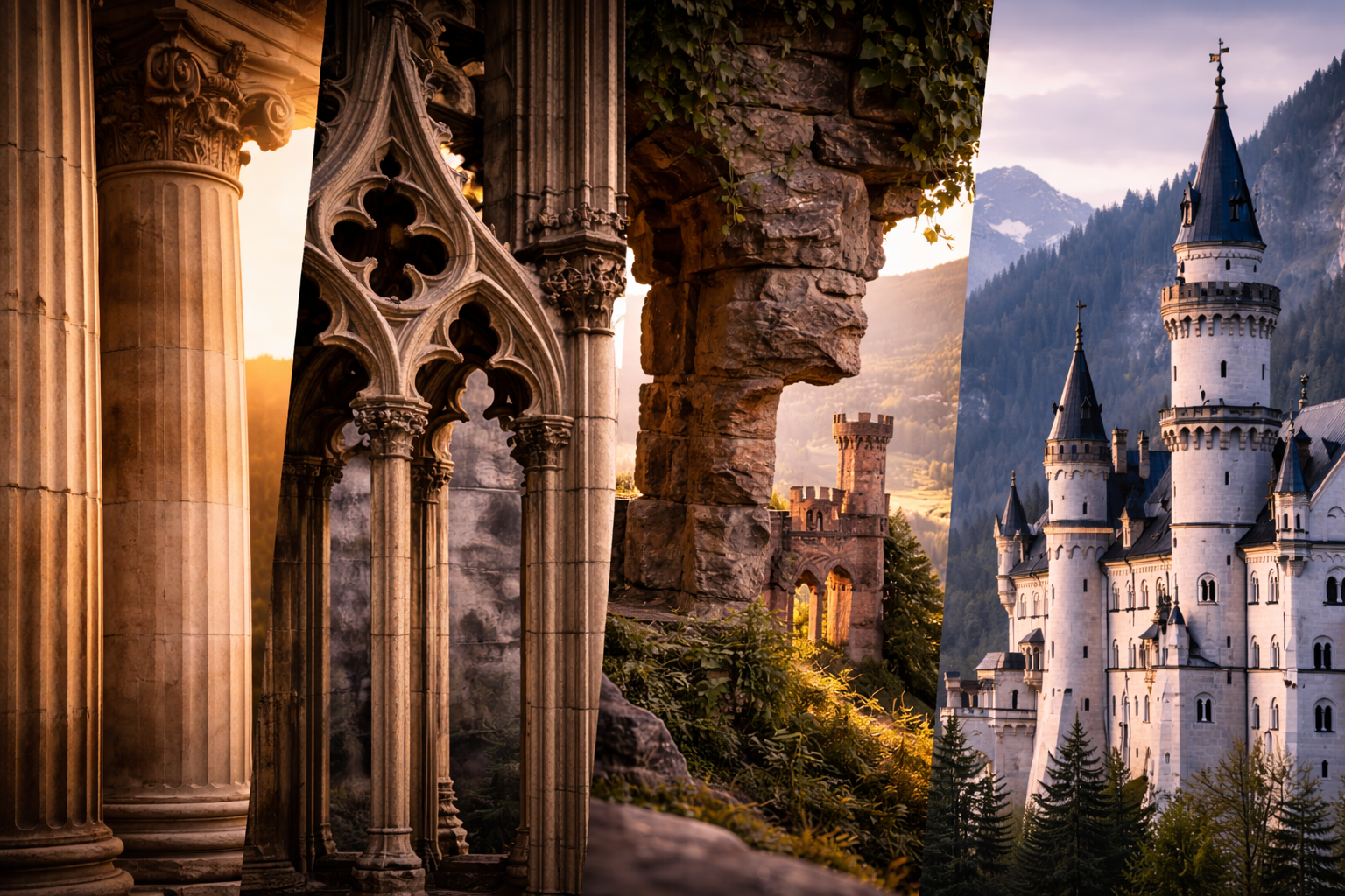 Four landmark moods blended into one frame to show the deeper meanings of Germany’s history.